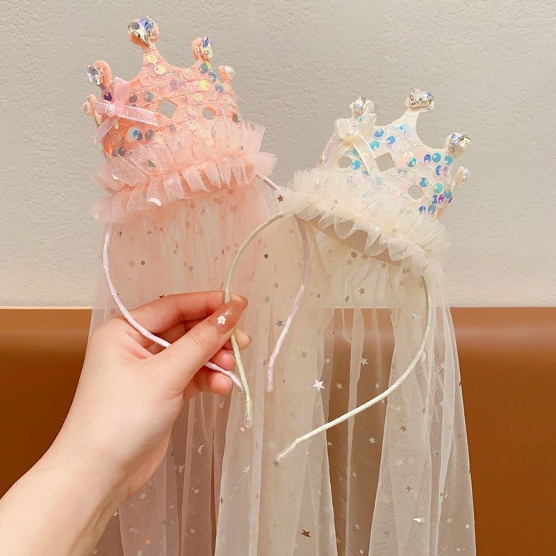 Glitter Tablecloth - プリンセスクラウンベールヘッドバンドキラキラチュールヘアアクセサリーピンクホワイトスパンコールパーティー帽子ガールズジュエリーヘアアクセサリー