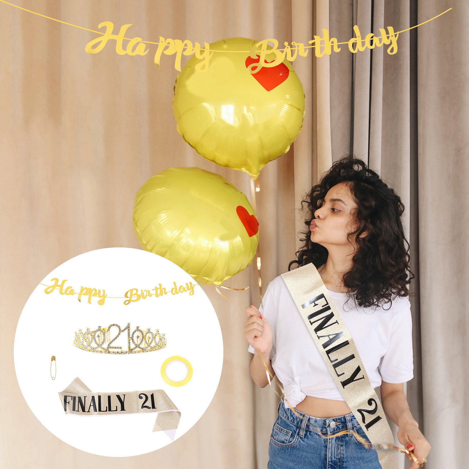 Birthday Sash Glitter - 誕生日パーティー用品セット：エレガントなラインストーンクラウン、ヘアバンド、サッシュ（女性用誕生日パーティー用）