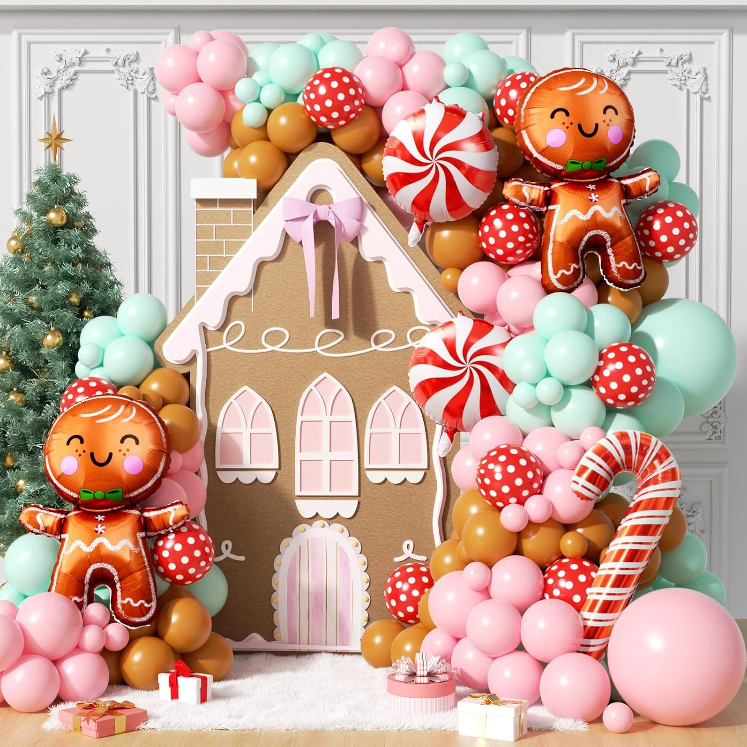 Balloon Arch Kit - 160個入りクリスマスバルーンアーチガーランドキット、クリスマス用パステルピンク、グリーン、ブラウンのラテックスバルーン、ジンジャーブレッドマン、キャンディケインのフォイルバルーンアーチキット、クリスマス、新年パーティー、誕生日パーティーのデコレーションに。