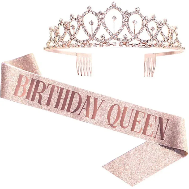 Birthday Sash Glitter - 女性のためのラインストーン付きのクイーンクラウン、女の子の誕生日の装飾、サテンのサッシ、誕生日用品、リング18 21 30 40 50