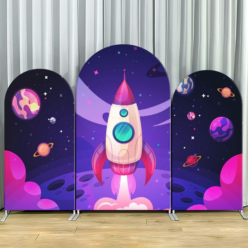 Event Launch Party - 伸縮性のある二重構造の背景カバー。惑星と星が描かれた宇宙ロケット打ち上げの背景バナーで、パーティーの装飾に最適。