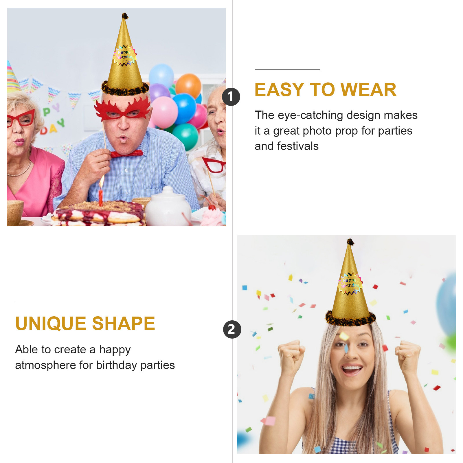 金色の円錐形のパーティーハット、誕生日用デコレーションキャッ - Party Hat Cone のレビューと価格